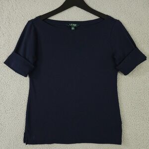 Lauren Ralph Lauren Shirt Womens Medium Blue Boat Neck Cuffed Sleeve Top Preppy